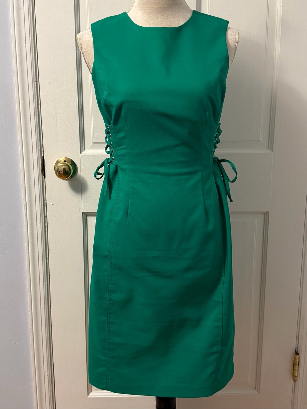 Calvin Klein Green Sleeveless Sheath Dress with Lace Up Detail at Sides, Size 4